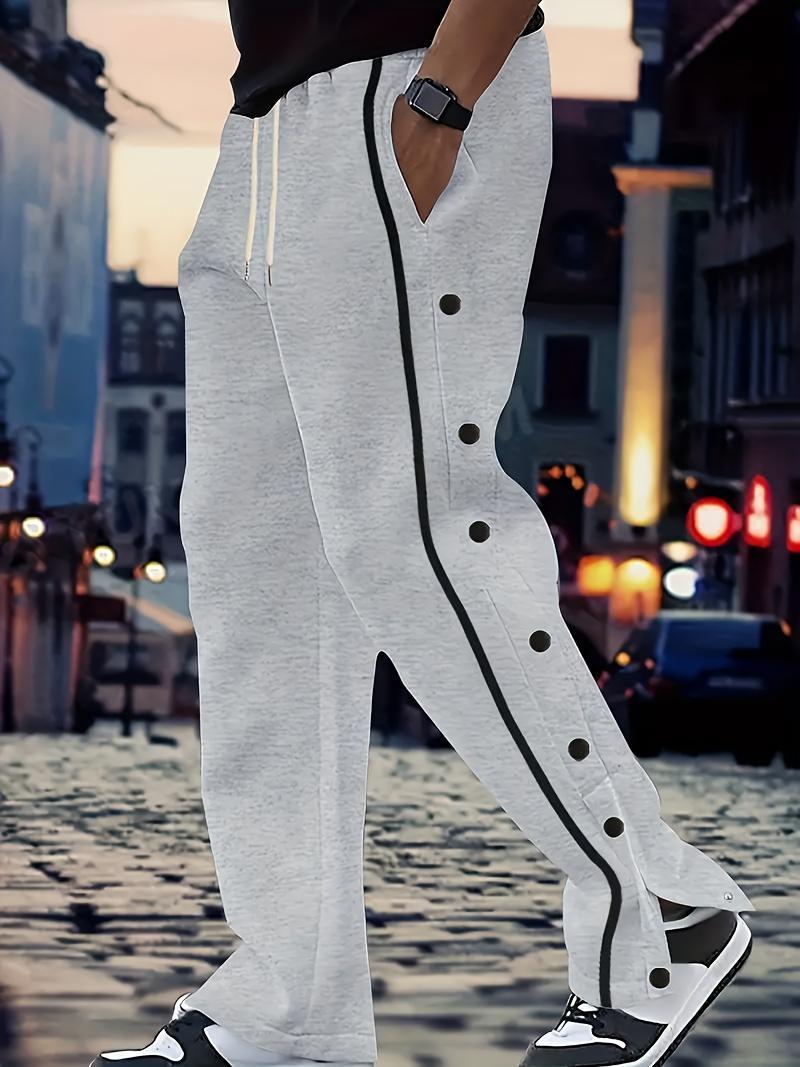 Men's Casual Polyester Pants, Solid Color, Side Stripes and Button Details, Regular Fit, Drawstring, Suitable for All Seasons, Comfortable and Fashionable for Adults