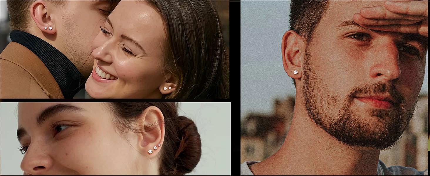 Fashionable 3 Pairs Synthetic Moissanite Earrings Studs 14K Gold Plated S925 Sterling Silver Flat Back Earring for Women Men - Hypoallergenic Set Cartilage Helix Piercing Jewelry D Color VVS1 1.8CT