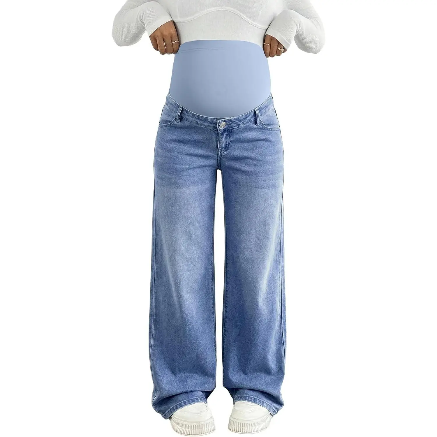 Womens Maternity Jeans Over Belly Wide Leg Pregnancy Pants for Work | Classic Stretchy Tummy Panel High Waist Denim Pants ,Pregnant Moms Fall Work Daily ,Casual Loose Style
