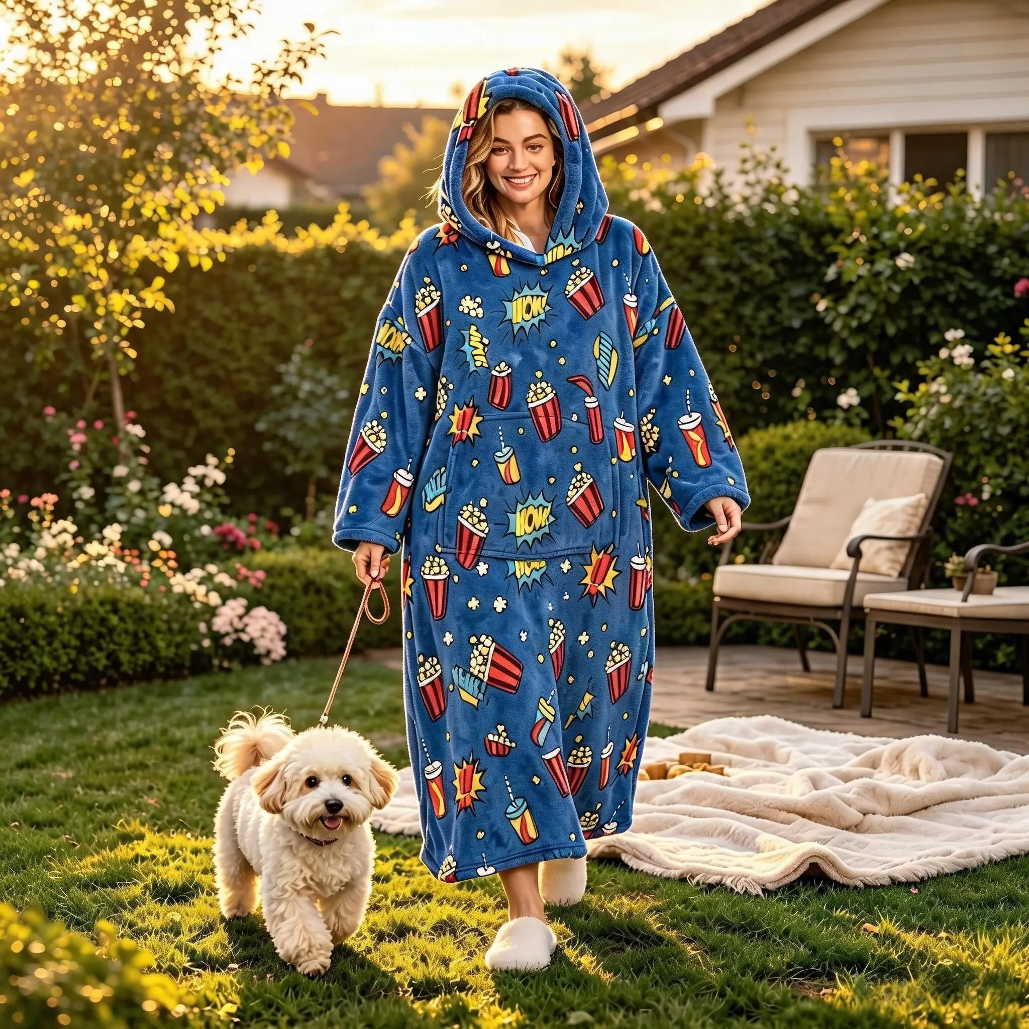 1pc Retro Movie Theme Wearable Blanket, Flannel Hooded Lazy Blanket, Cool Explosion Text Print, Pocket Included, Home Relax Gift