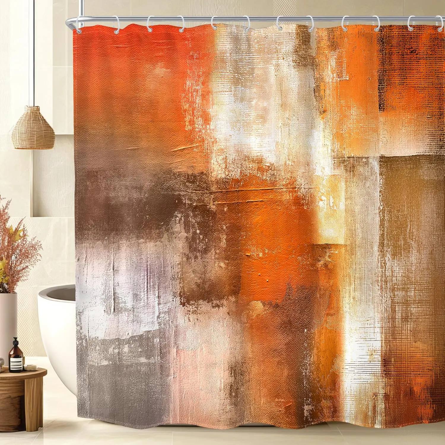 Abstract Burnt Orange Shower Curtain 72Wx72H Orange and Grey Modern Retro Rustic Vintage Ombre Oil Art Painting Minimalist Bathroom Accessories Decor with 12 Hooks