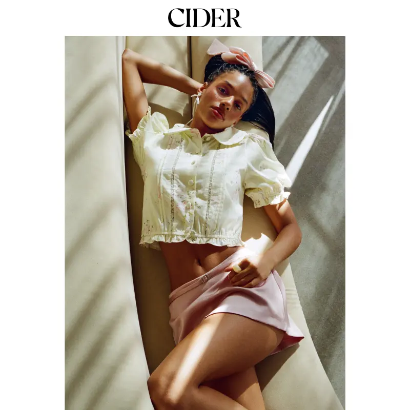 Cider Cotton-blend Floral Peter Pan Collar Puff Sleeve Ruffled Crop Blouse