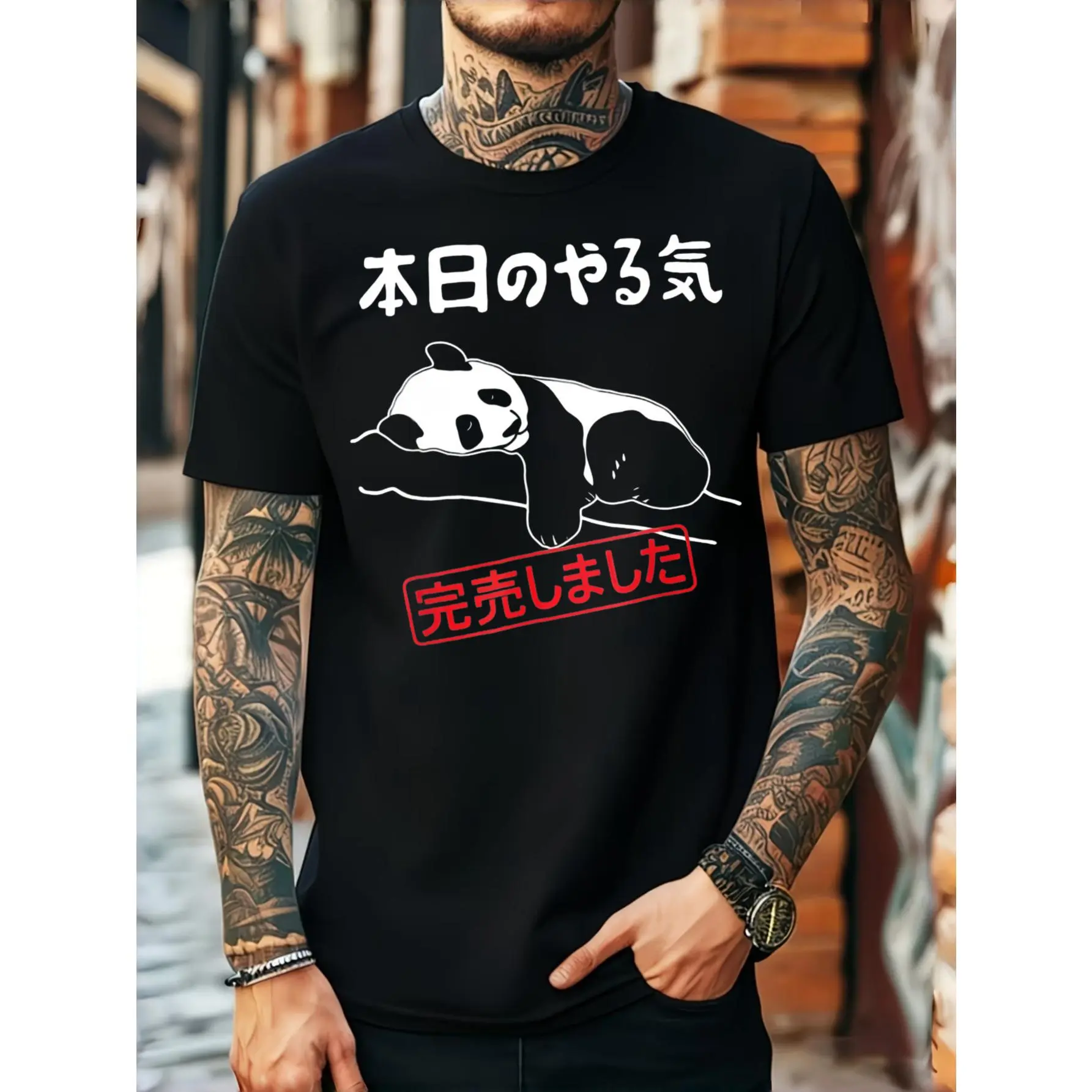 Casual Streetwear Style, Men's T-Shirt, Funny Panda With Japanese Text Graphic, Summer Daily Wear, Gift For Boyfriend Or Husband