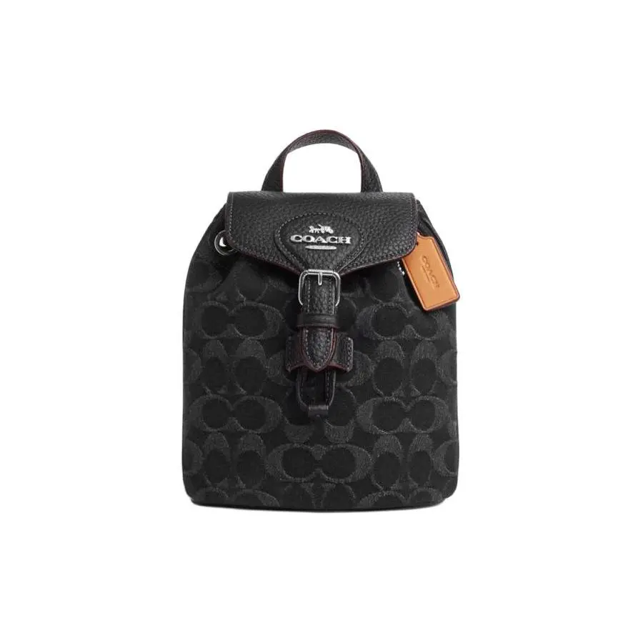 COACH Amelia 16 Silver Logo Classic Monogram Canvas and Leather Backpack for Women, Small Size, Black