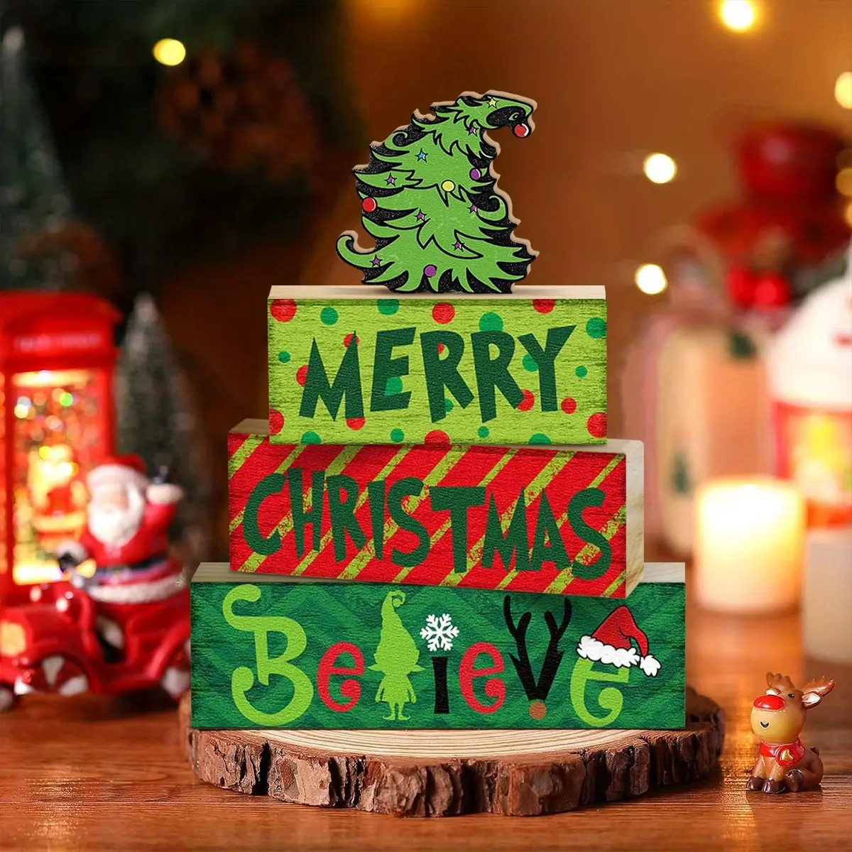 Set of 4 Rustic Christmas Table Centerpieces, Tiered Tray Decor, Beautiful All-Year Seasonal Decor, Block Sign Gifts for Farmhouse Winter Table Decor