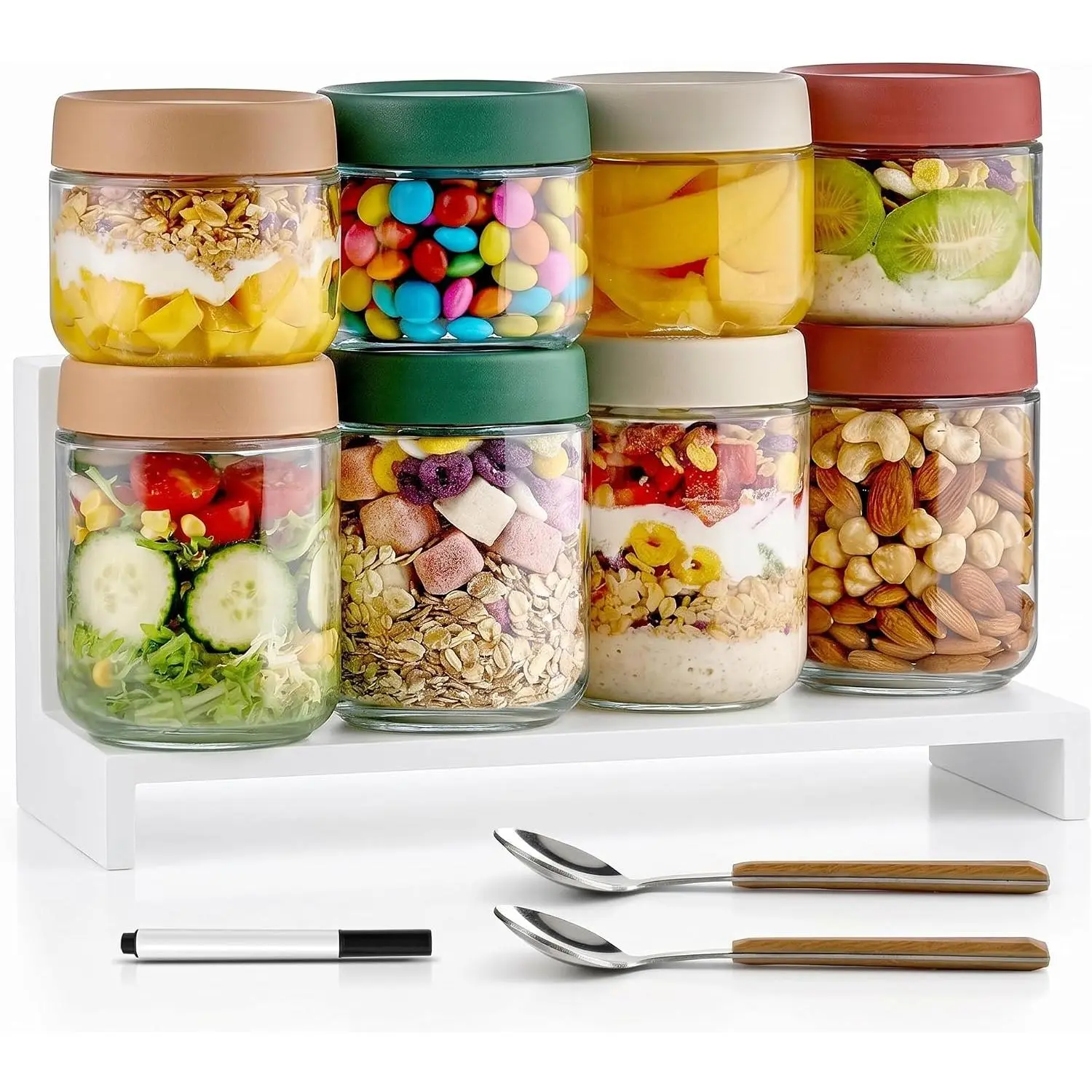 ® 8 Pack Overnight Oats Containers with , Large & Small Glass Mason Jars 16oz & 10 oz, Breakfast Oatmeal Container to Go, Salad Meal Prep Jars for  Storage, Mush  Seed Pudding Jars