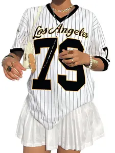 Women Los Angeles 79 Striped Baseball Jersey, V Neck, Irregular Curved Hem, Mesh Short Sleeve, Vintage La Number Print, 8 Colors