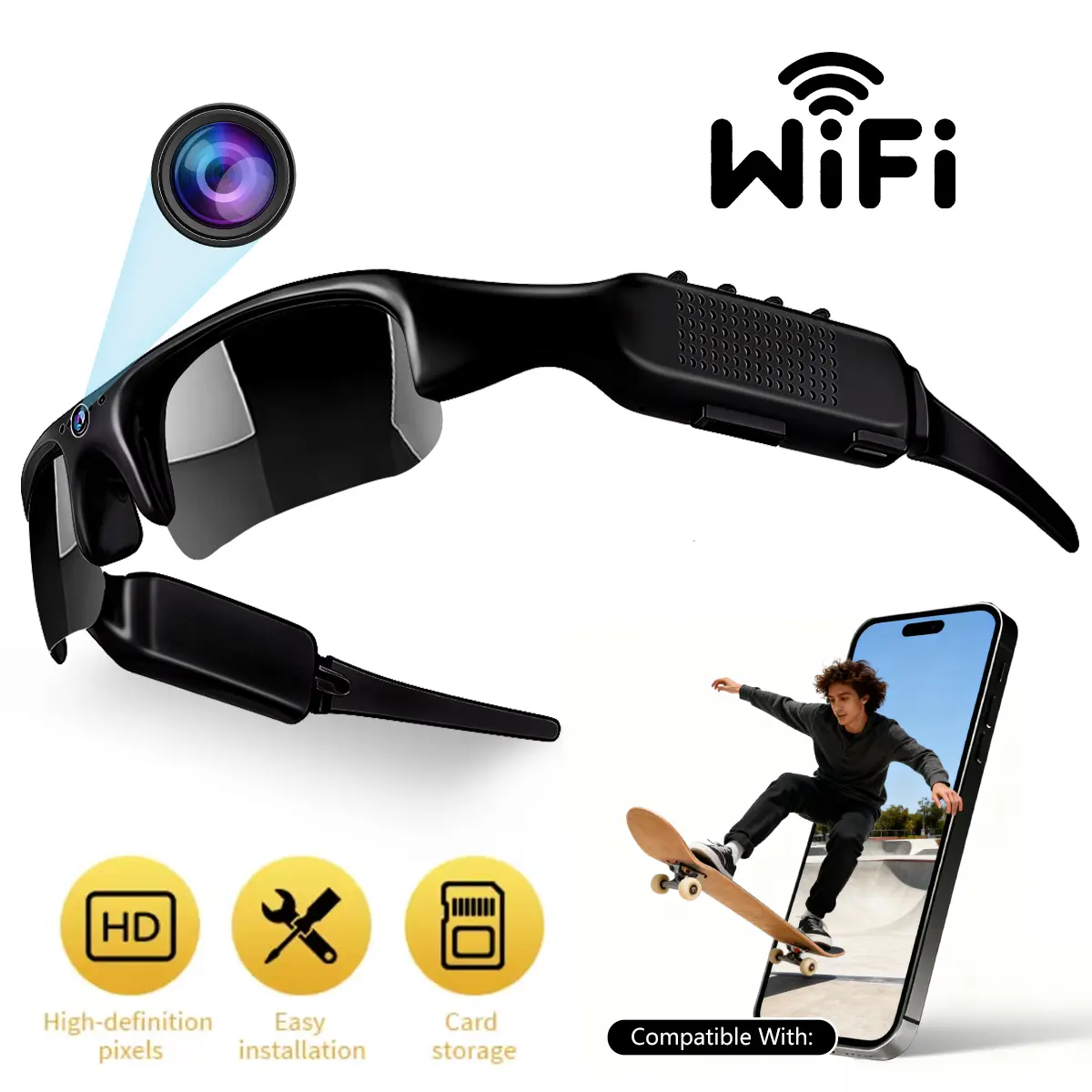1080P HD Video Recorder Glasses with UV Protection, Smart Camera Sunglasses, Comfortable Fit & Anti-Glare Lens, Wearable Smart Eyewear for Cycling Hiking Driving Outdoor Sports