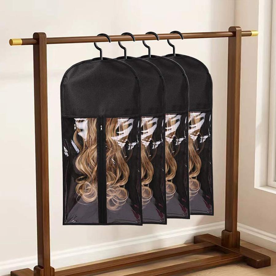 Wig Storage Bag with Hook, 4 Counts Zipper Transparent Dustproof Wig Storage Bag, Hair Extension Hanger, Wig Tool for Dorm & Home Use, Hair Products, Plastic Durable Cover Household Items, Dustproof Design Machine Washable Cover, Home Care Supplies