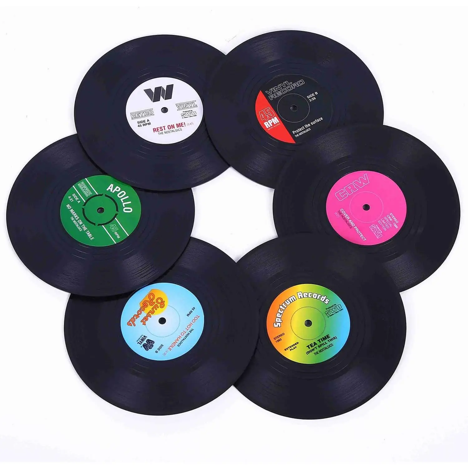 Coasters for Drinks with  Box - Set of 6 Colorful Retro Vinyl Record Disk Coasters with Funny Labels- Furniture from Dirty and -4.2 Inch