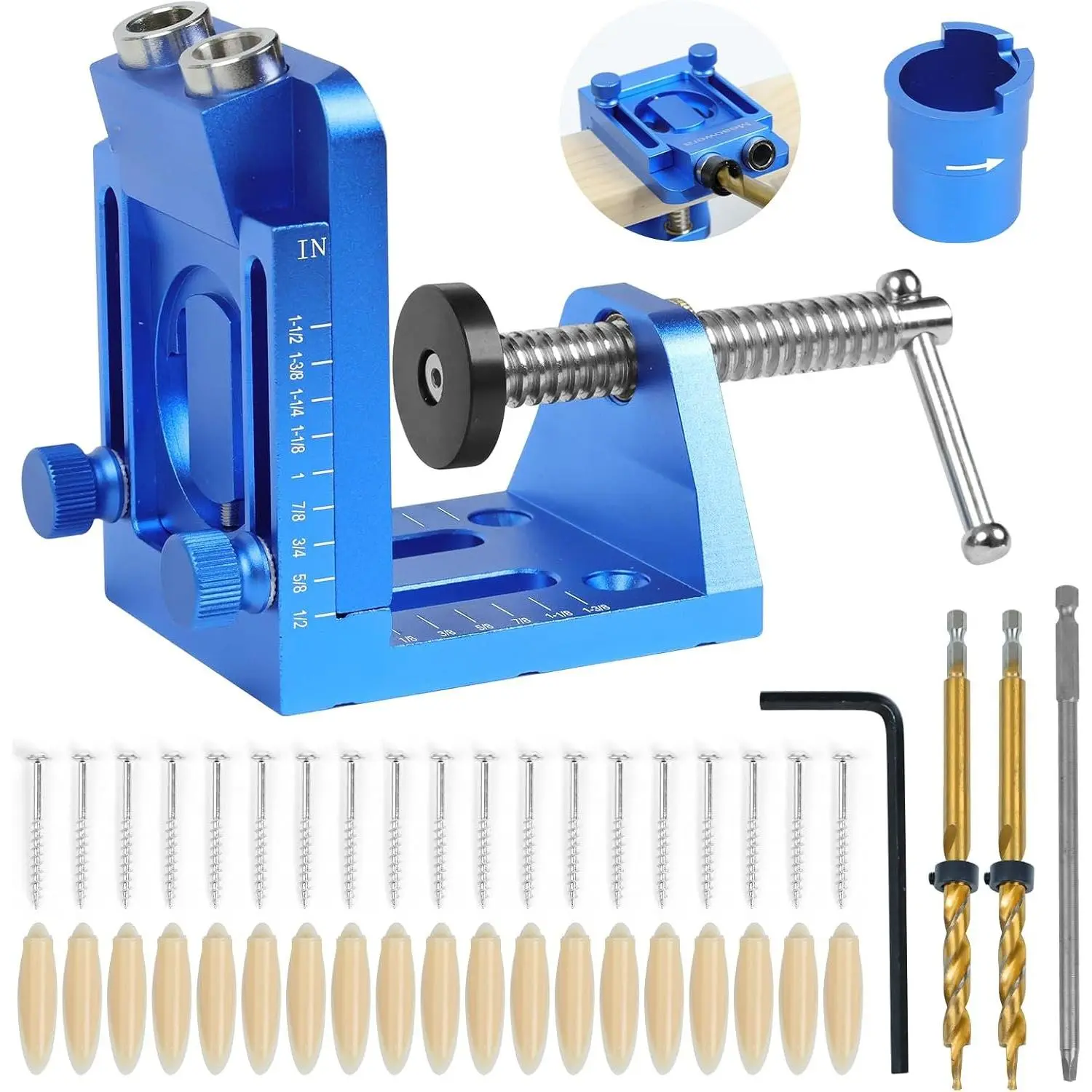 Pocket Hole Jig Full Kit Set - Alloy Metal Adjustable Drill Guide, Stop Collars, 30-Count Screws & Plugs, Allen Wrench, Inches/Metric Woodworking Joinery System for Hobbyist Pro, Rust Resistant