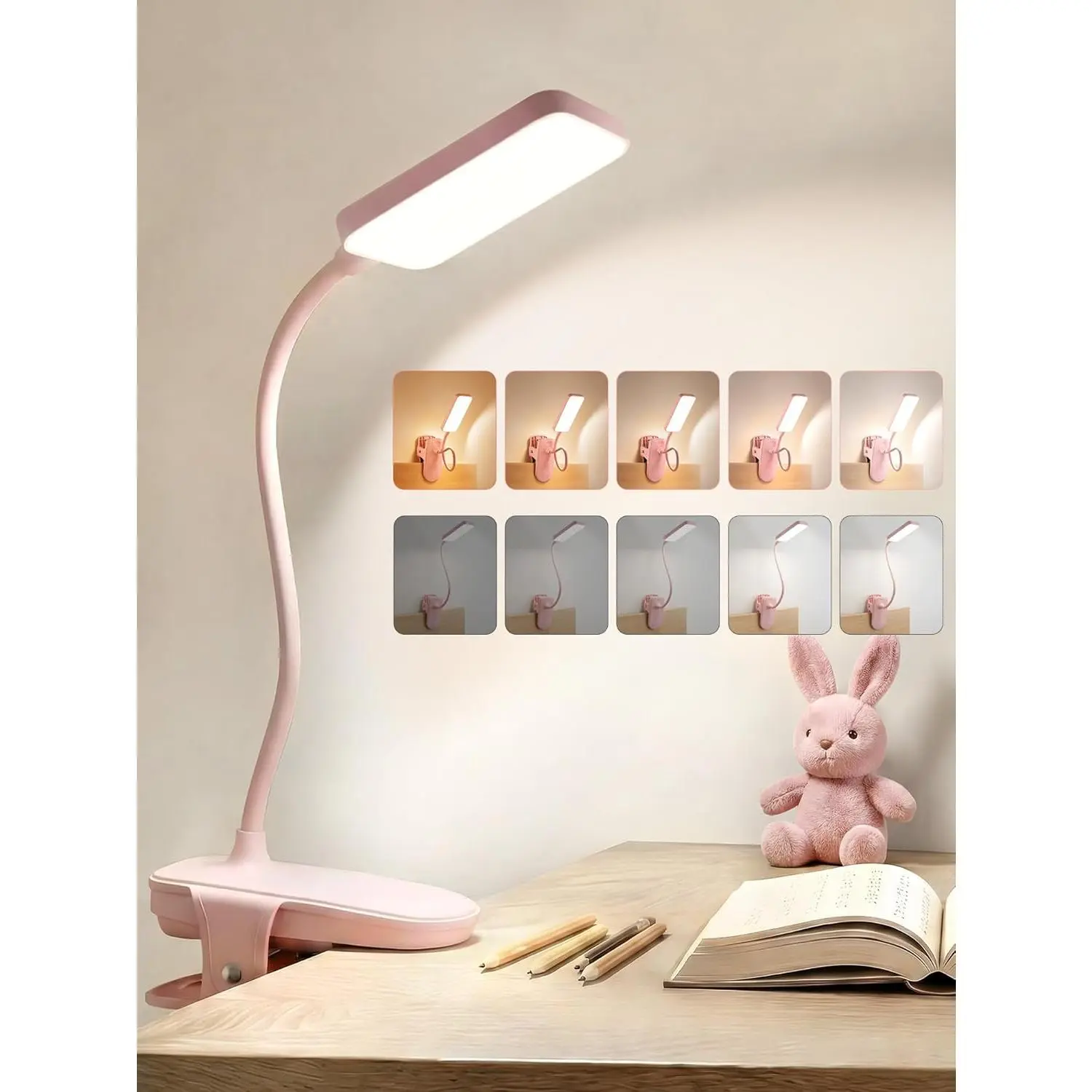 Pink Desk Lamp Cute Reading Light,45 Modes Dimmable Clip on Light with 4000mAh Battery,450 Lumen Rechargeable Desk Lamp with Clamp,Cordless & Wireless Pink Lamp for Girls Room/Kids Bedroom/Dorm/Bed