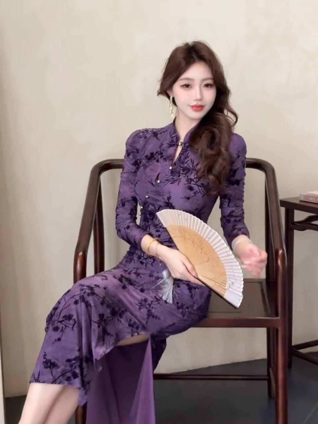 Early Autumn New Chinese Style Improved Cheongsam Light Luxury High-end Feel Various Styles Purple Printed Button Dress for Women