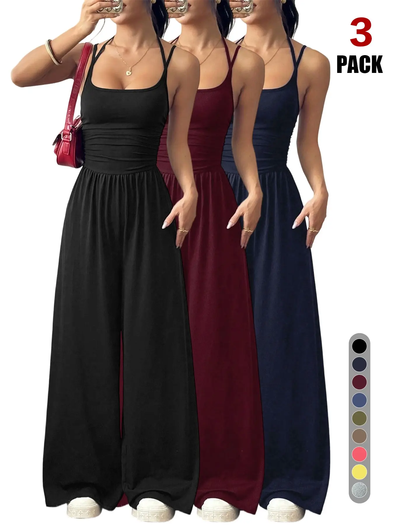 Women's 3 Pack Lightweight Jumpsuits, Spaghetti Strap Slim Fit Rompers, Breathable Summer, Travel & Everyday Wear