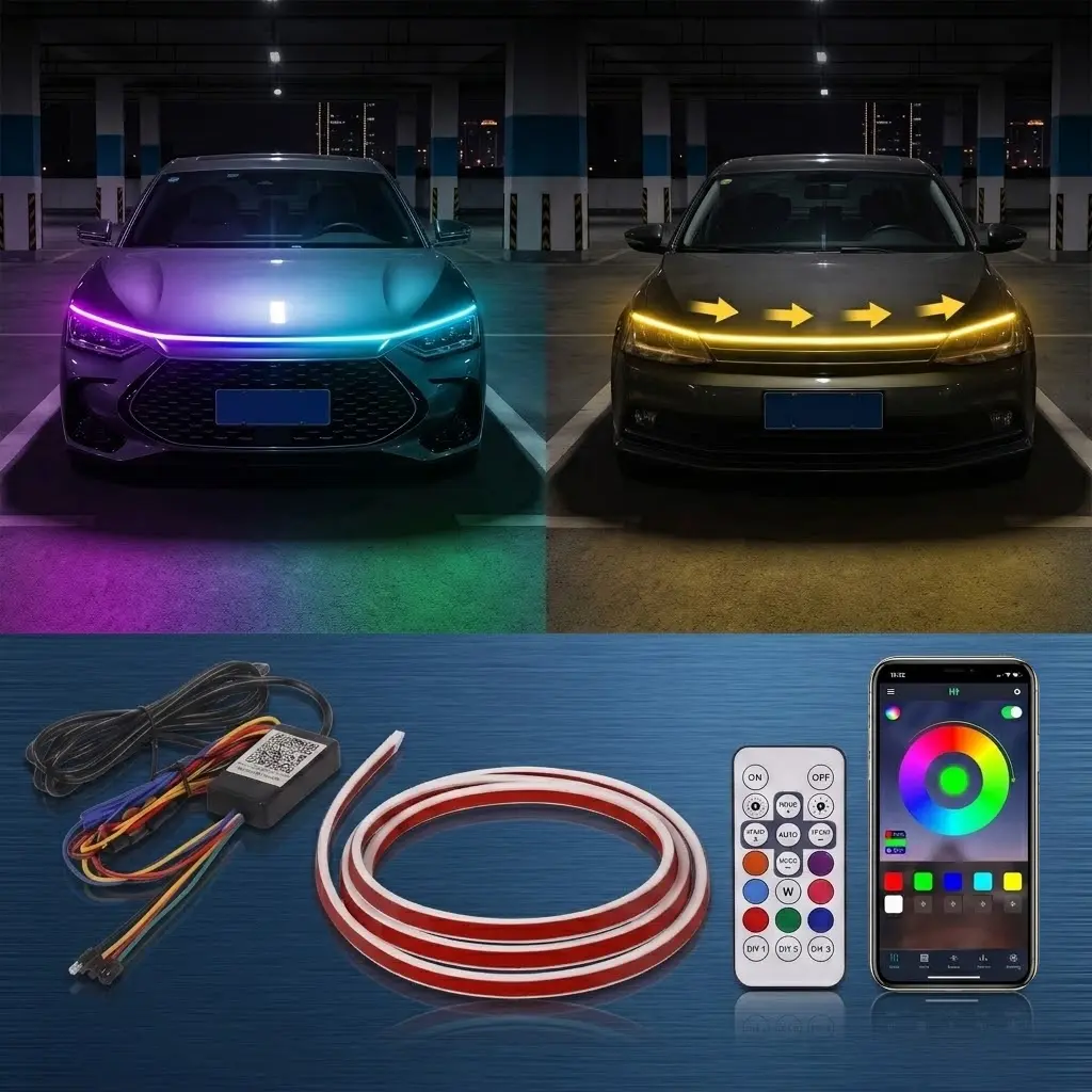 APP Controlled 71 Inch RGB Dynamic LED Car Hood Light Strip Dynamic Scan Start Up Waterproof Flexible Ambient Light With Remote Birthday Gift