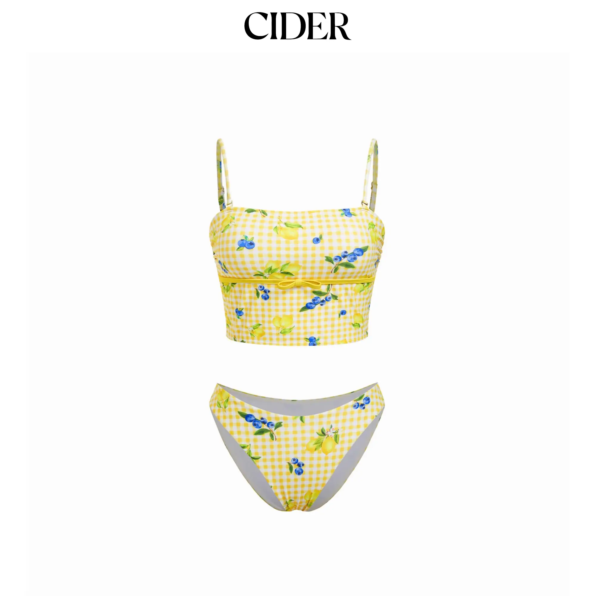 Cider Fruit & Gingham Square Neck Bowknot Bandeau Bikini Set