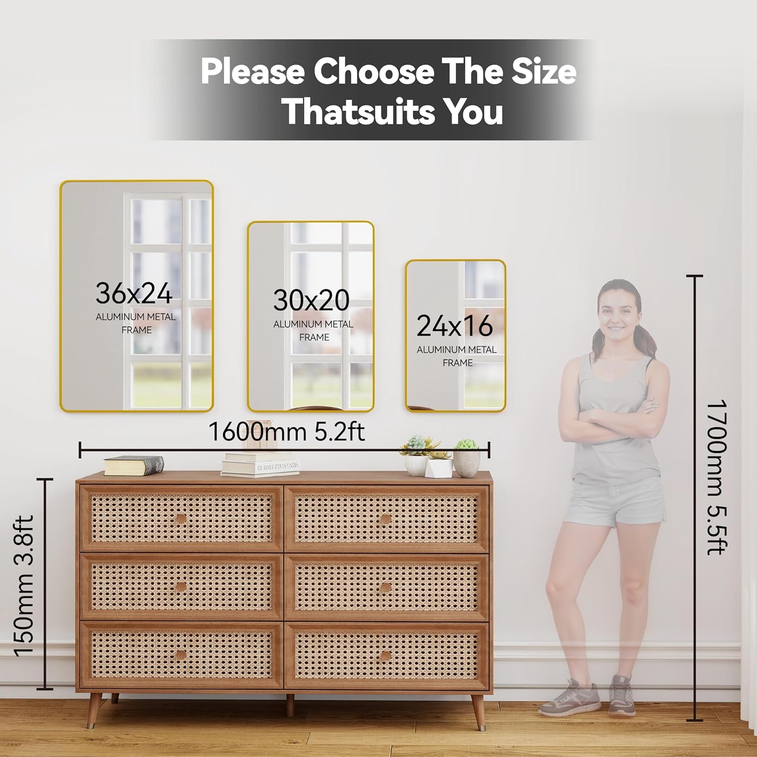 24x36 Mirror Rectangle Full Length Wall Mounted or Against Wall  Alloy Metal Frame Dressing Mirrors for Entryway Bedroom Bathroom Living Room 36x24 inch