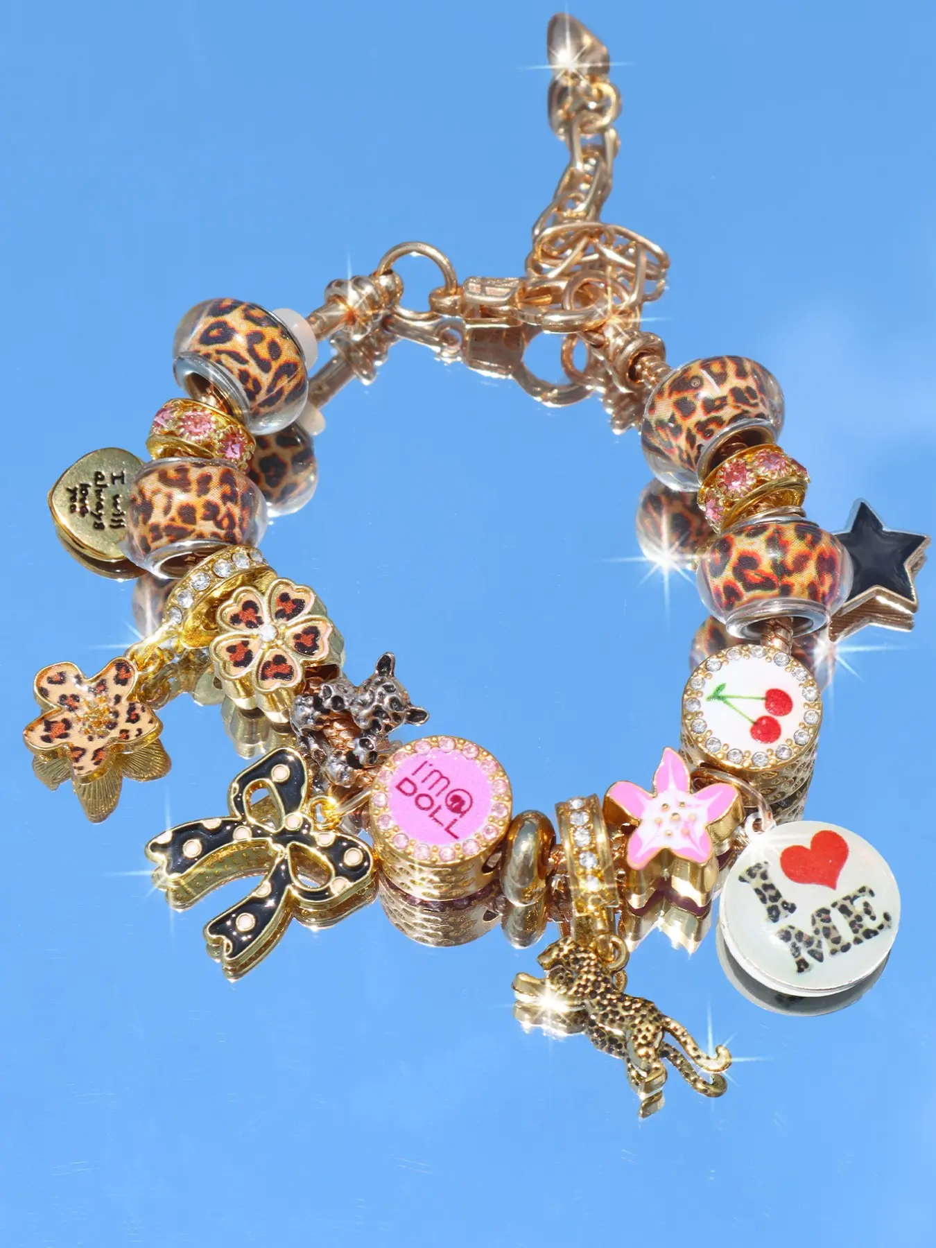 Leopard Print Cherry Blossom Bow Dot Charm Bracelet, Self-Love Slogan Bracelet, Leopard Heart Music Festival Bracelet, 1 Piece, Fashion Bracelet