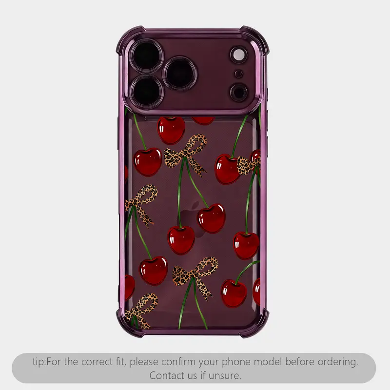 Cute Cherry Leopard Bow Silicone Cellphone Casing, Transparent Electroplated 4-Corner Shockproof Cover for iPhone 18 Pro Max 17 Air 16 Pro Max 15 14 Plus 13 & Galaxy S25 S24, Durable Smartphone Device Camera Protector.HY65
