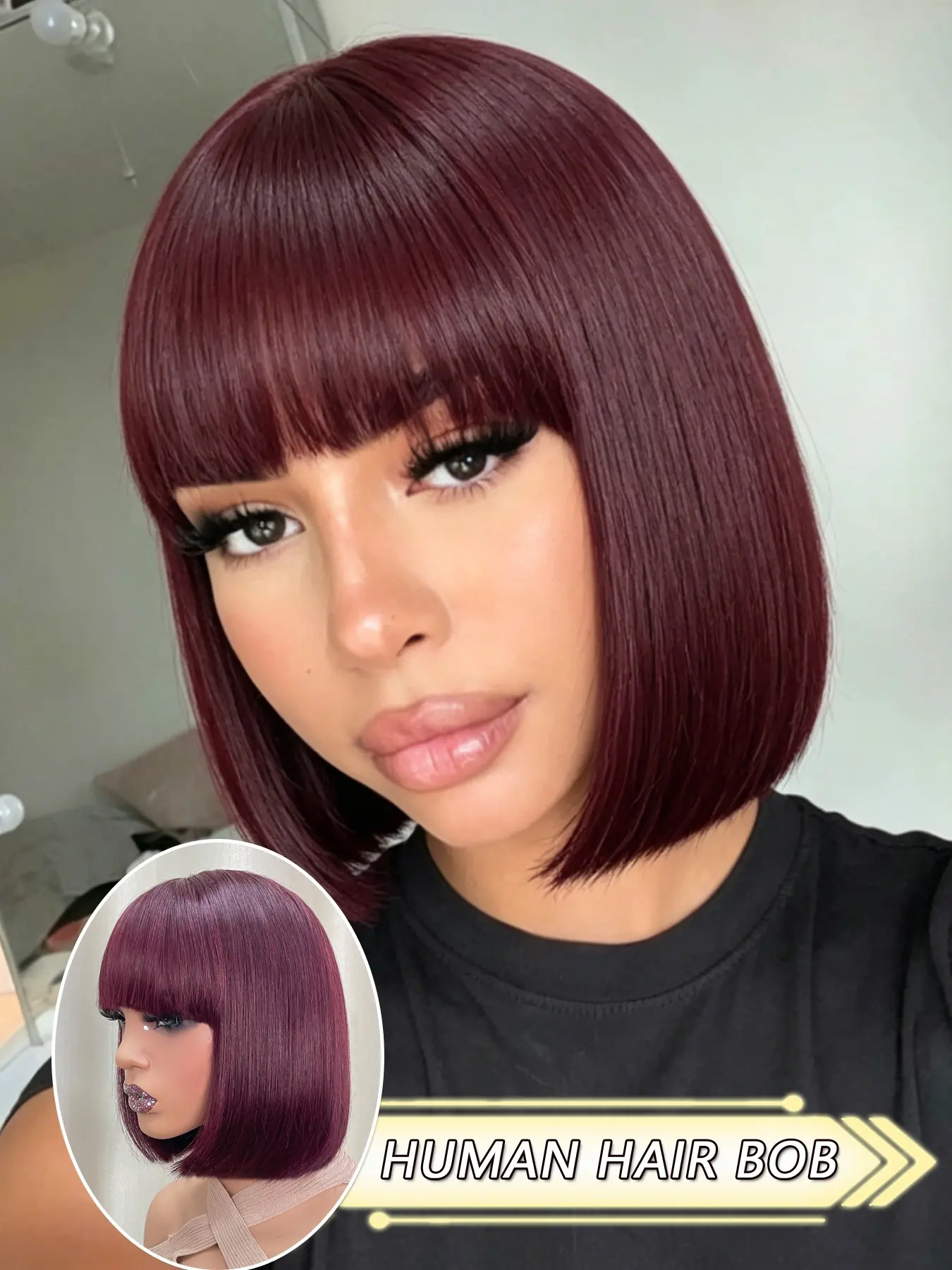 Human Hair Bob Wig with Bangs, 10 Inch Straight Cut Bob Wig, Full Machine Made Construction, Soft Smooth Hair, Lightweight Breathable Cap, Everyday Style for Women