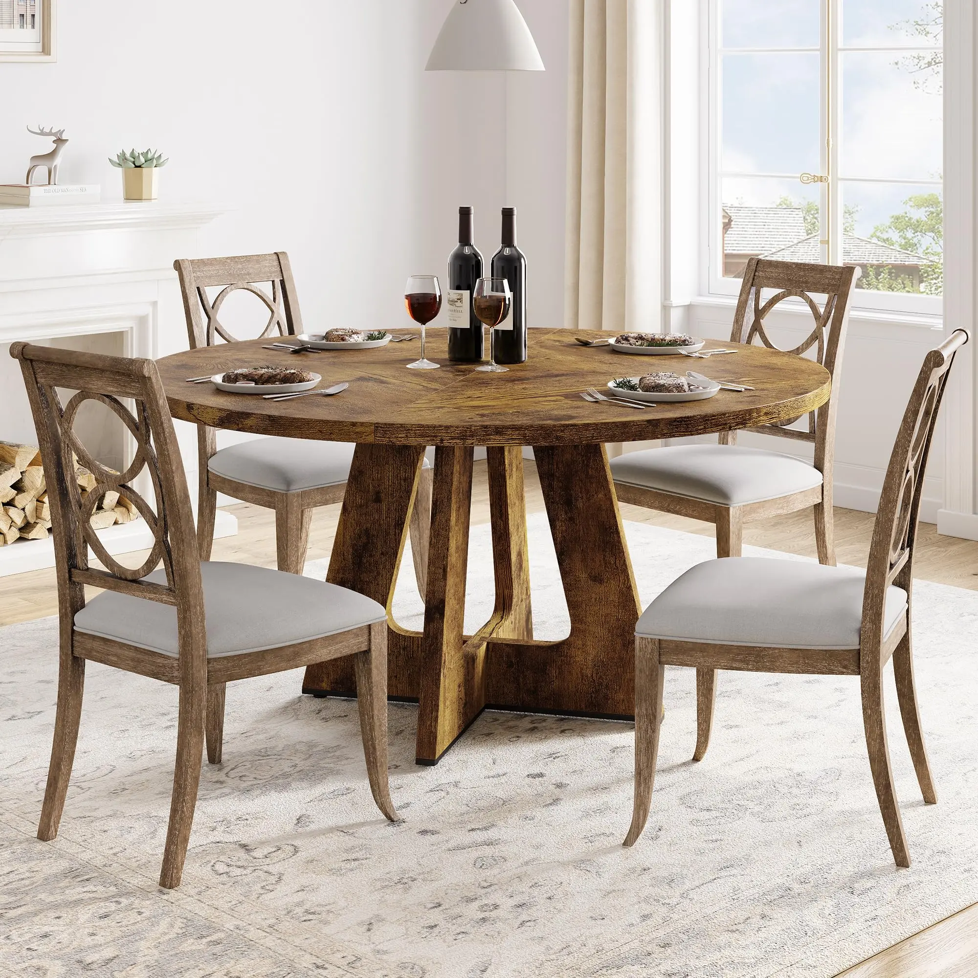 47 Inch Round Dining Table, Retro Industrial Wooden Kitchen Table with Heavy Duty Pedestal Base & Adjustable Feet, Antique Farmhouse Circle Dinner Table for Dining Room, Seats 4-6 (Table Only)