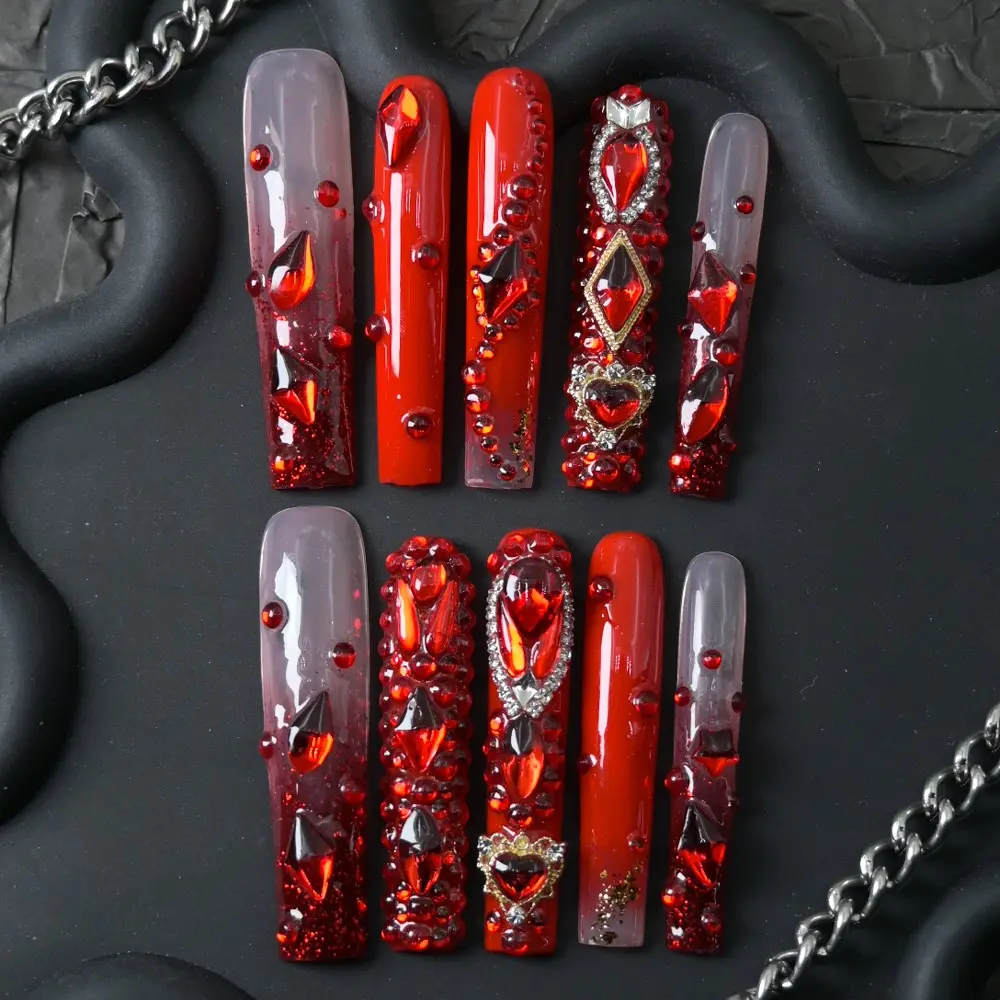 10 Pcs Long Coffin Press on Nails, Acrylic Fake Nails, Acrylic Nail Set, Ombre Acrylic, 3D Ruby Rhinestones, Reusable, Glamorous, Suitable for Party, Halloween, Date