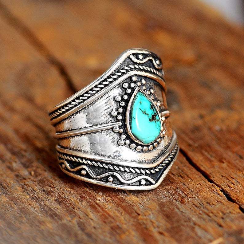 Vintage Boho Turquoise Ring • Irregular Waterdrop Statement Ring