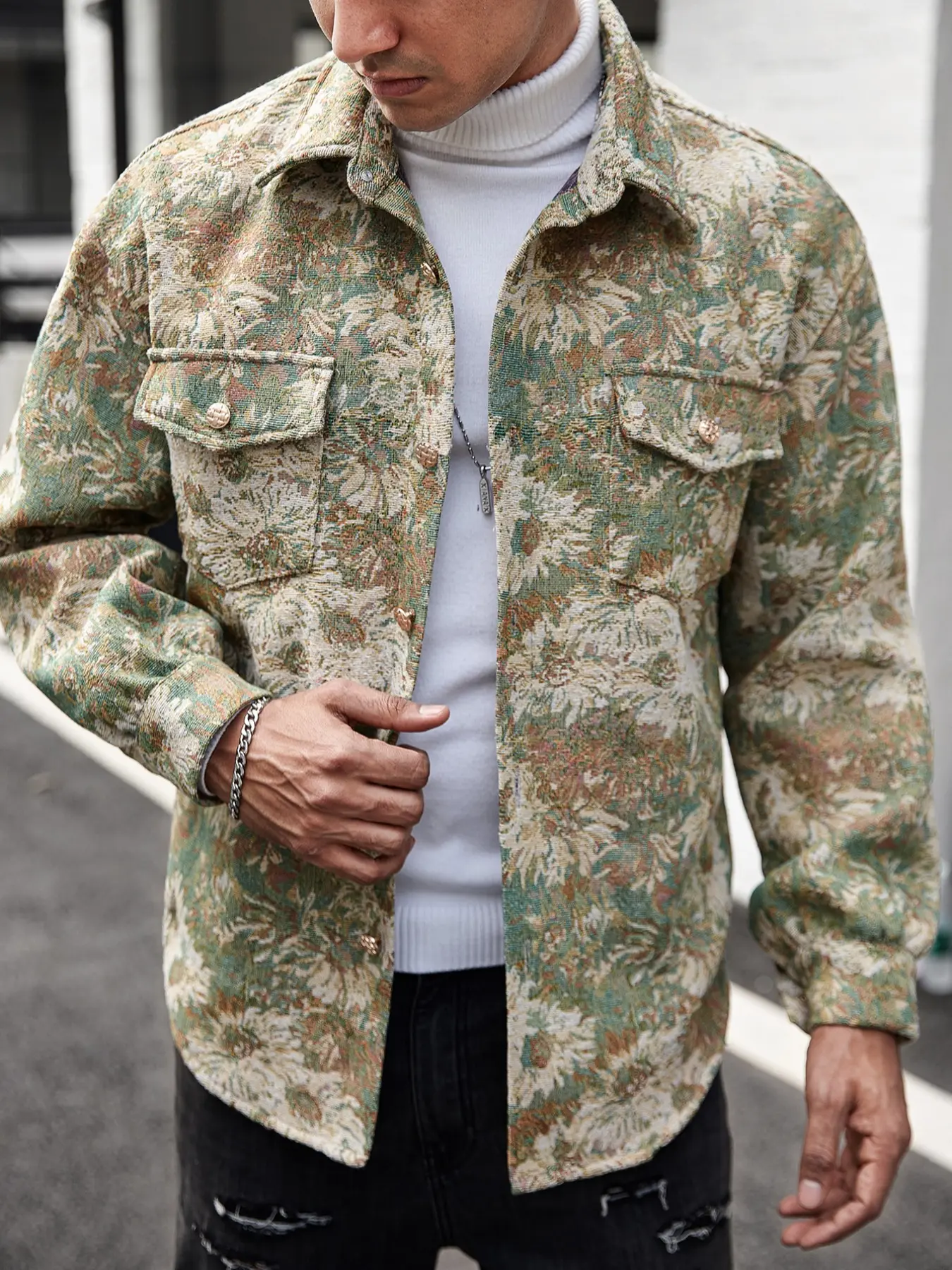 2026 New Arrival Men, Menswear 90s Vintage Floral Tapestry Jacquard Overshirt Jacket Oil Painting Daisy Full Print Lapel Dual Chest Pocket Metal Button Long Sleeve Loose Coat Y2K Hip Hop Streetwear Outerwear Two Color Options Spring Fall Campus Outfit