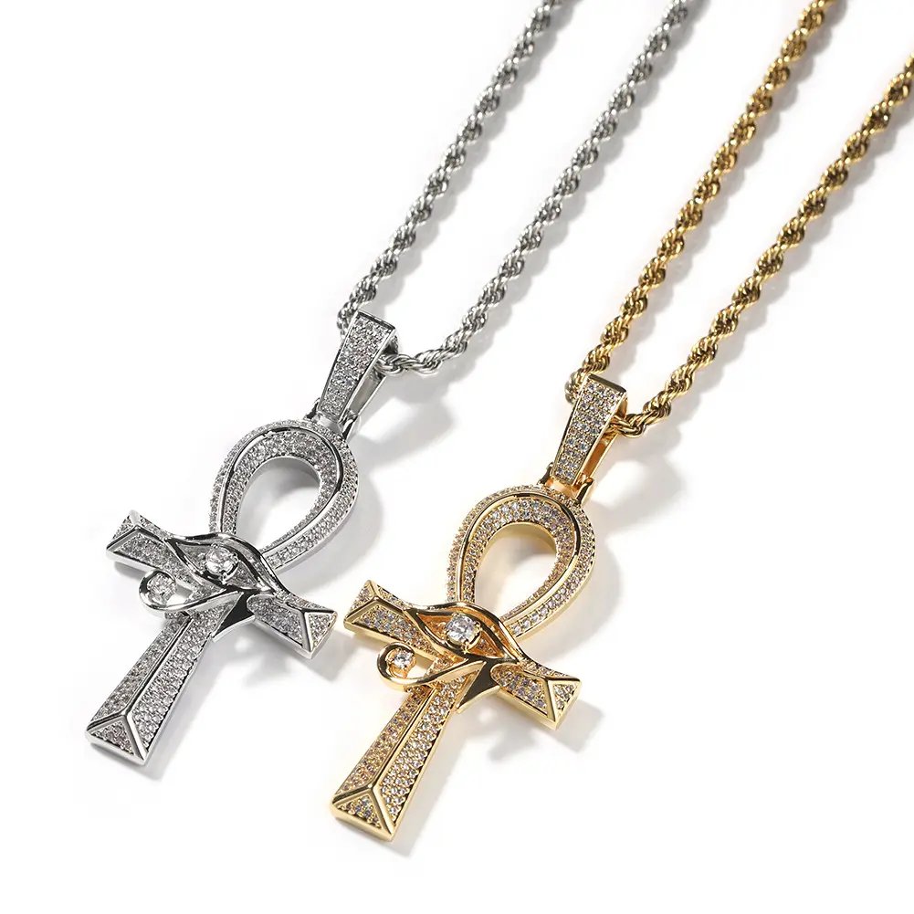Iced Out Horus Eye Ankh Cross Pendant Necklace, 18K Gold Plated 5A Zircon Egyptian Hip Hop Jewelry for Men Women, Unisex Y2K Vintage Gothic Punk Statement Chain, Tarnish Proof Durable, Christmas Birthday Friendship Gifts, Trendy Boho Party Daily Wear