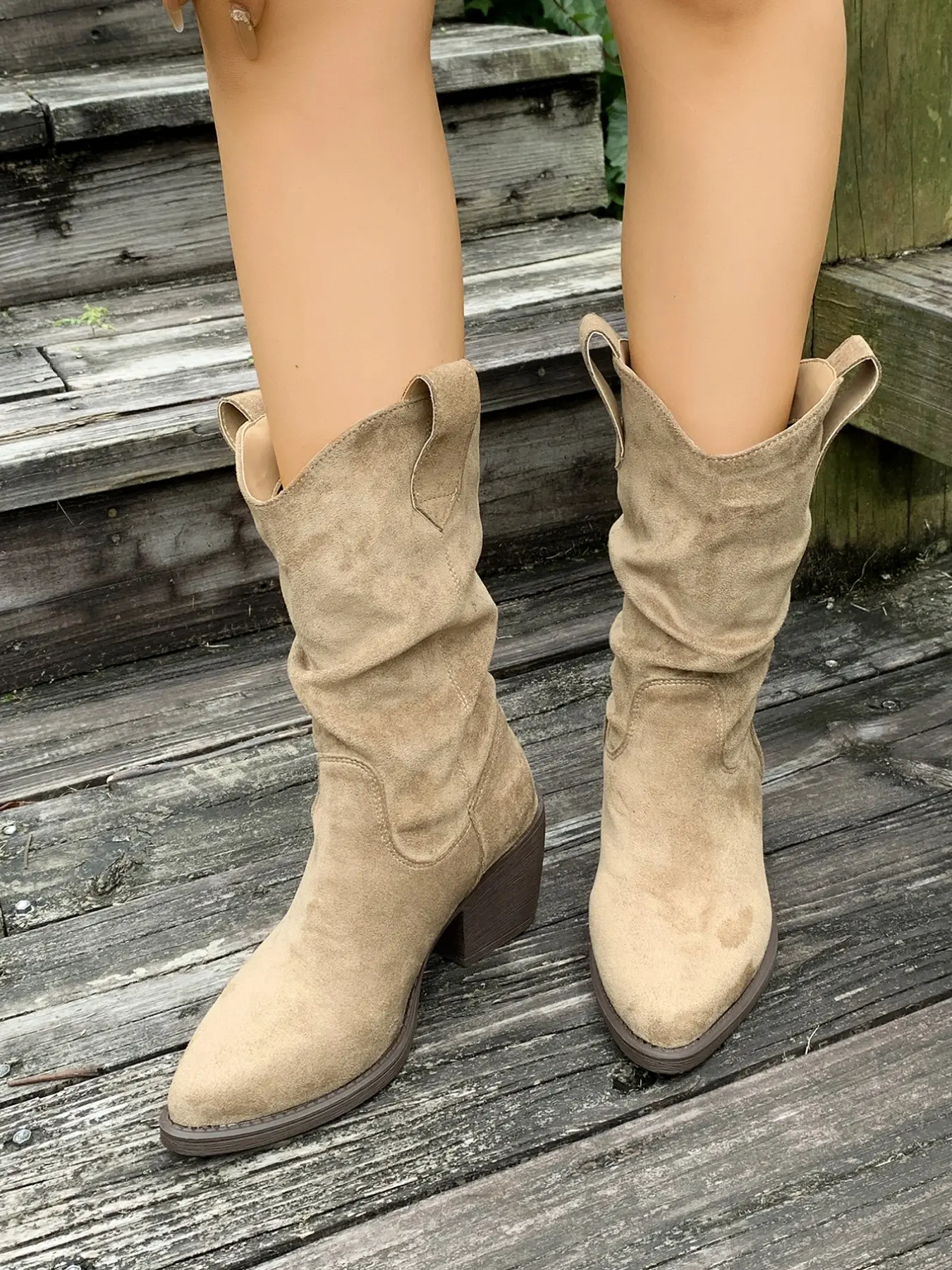 American Vintage Loose Mid-Calf Boots, Plain Color Thick Square Heel, Outdoor Travel Photography, Slimming Western Boots