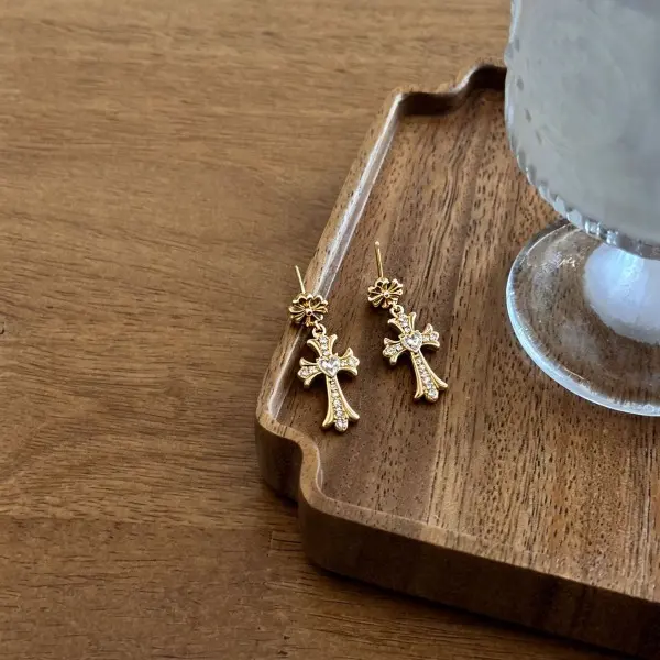 Diamond stud earrings women's cross zircon high-end exquisite earrings men's niche earrings