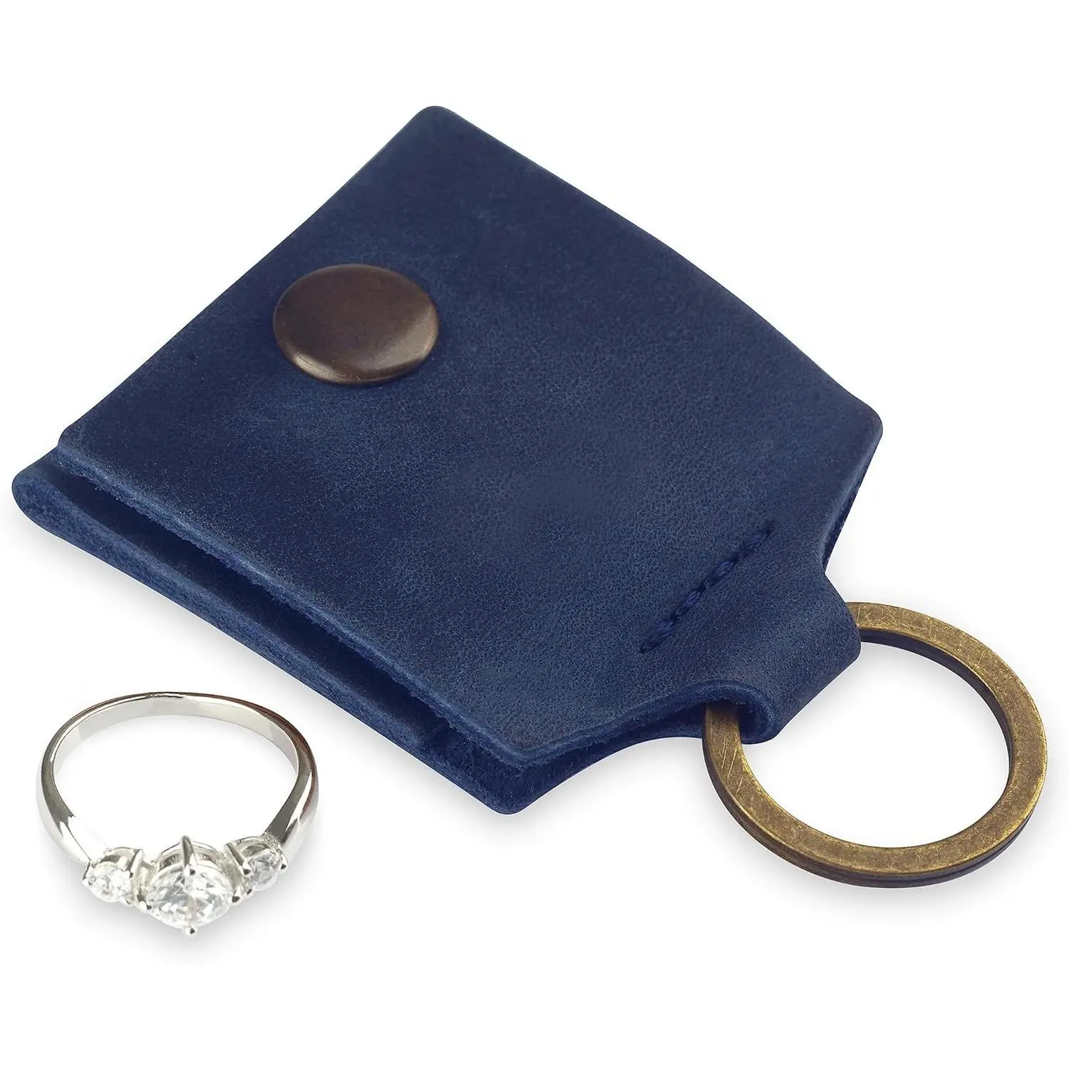 Leather Keychain Ring Holder, Wedding Ring Travel Case, Engagement Ring Holder, Ring Pouch Bag, Workout and Gym Ring Holder, Small Soft Leather Ring Bearer (Blue)(Gift)