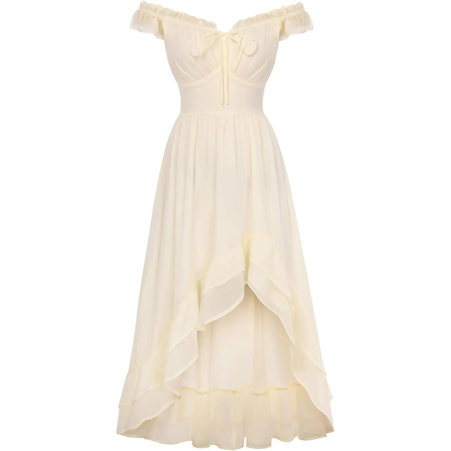 Women's Off-Shoulder Fitted Chiffon Corset Dress - Short-Sleeve, Adjustable Straps, Lightweight, Flowy High-Low, Elegant Cottagecore, Breathable, Soft, Ruffle, Wedding Guest Dresses, Everyday Casual Beach Outfit