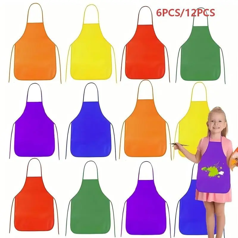6/12 pieces of disposable aprons with fabric aprons, non-woven cloth children’s artist aprons that Protect, suitable for use in kitchens, classrooms, community events, parties, craft and art painting activities. Available in various colors.