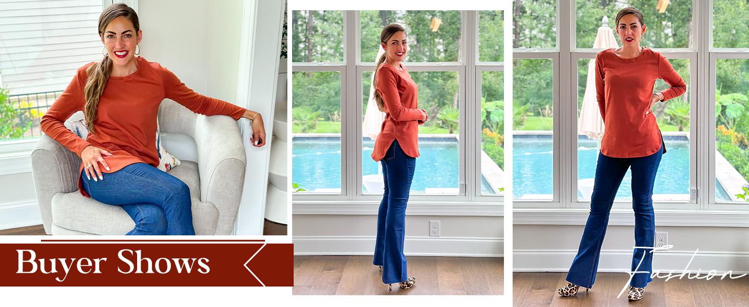 Women's Casual Long Sleeve T Shirt Crewneck with Side Split Fall Pullover Loose Tunic Sweater Tops