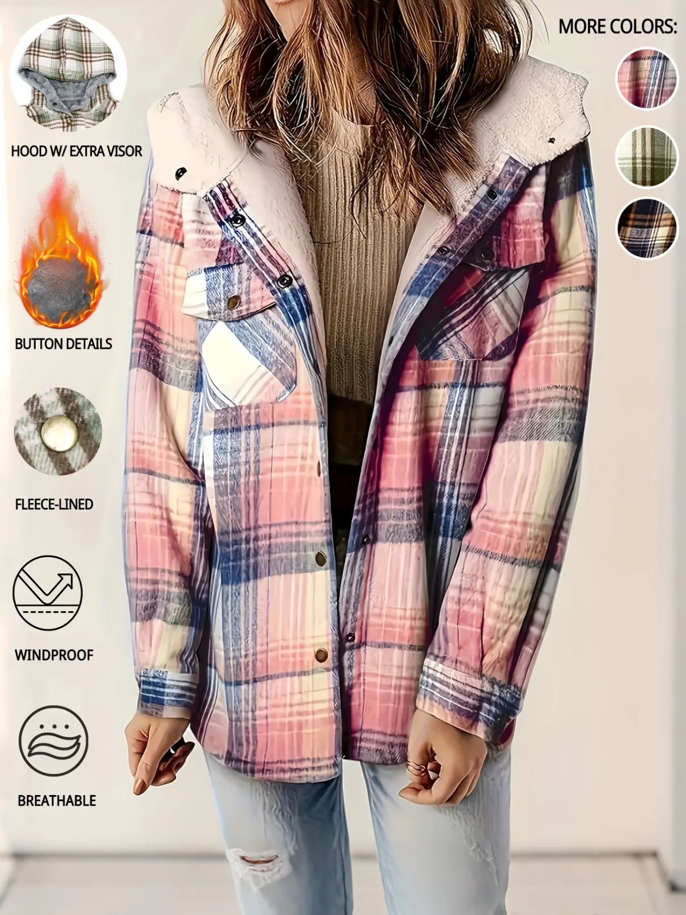 Women's Vintage Hooded Plaid Shirt Jacket, Fall Winter Warm Fleece Lined, Loose Fit Casual Windproof Long Sleeve Open Front Coat, Casual Fashionable Outerwear