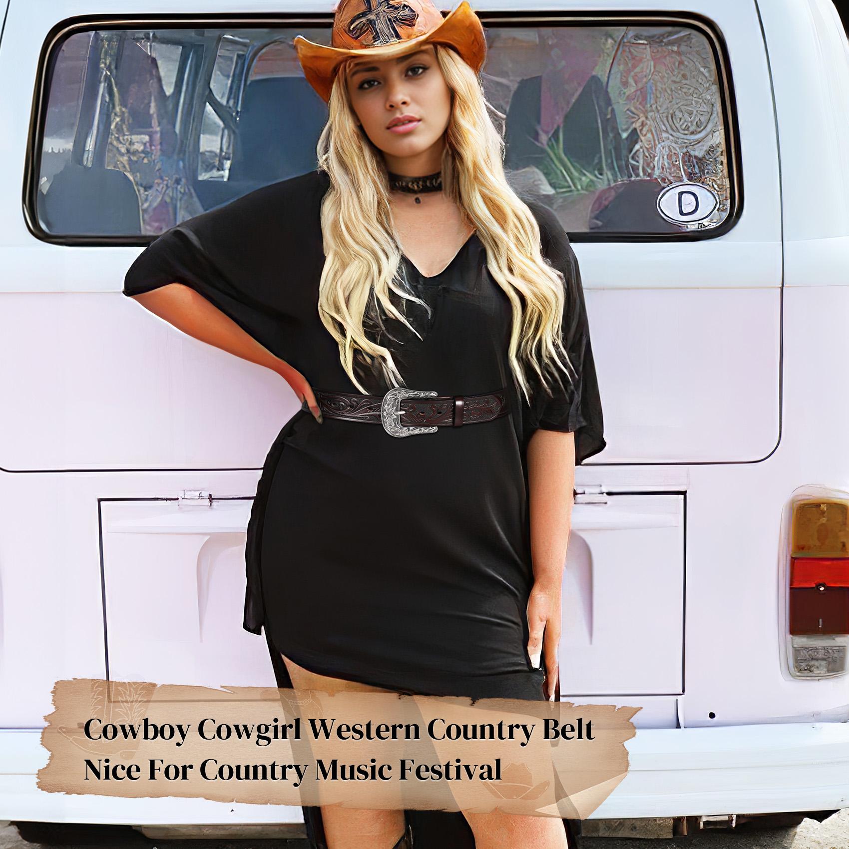 XZQTIVE Western Belts for Women Men Cowboy Cowgirl Floral Engraved Leather Belt Strap Vintage Embossed Buckle Waist Casual  Black Belt