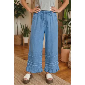 Dusk Blue Ruffled Hem Wide Leg Chambray Pants