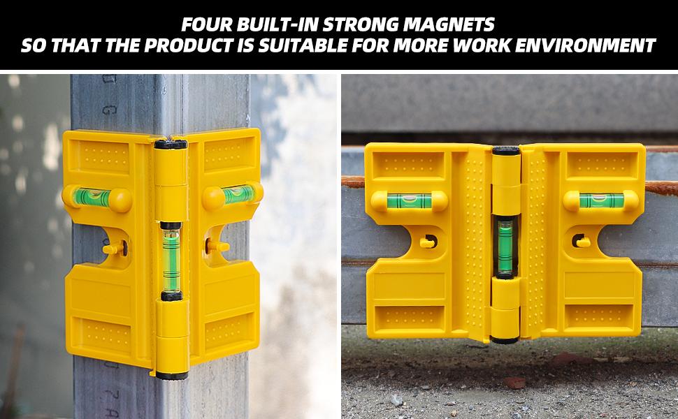 Magnetic Post Level, 270° Adjustable Folding Post Level with 3 Vials, Elastic Loop for Hands-free Work