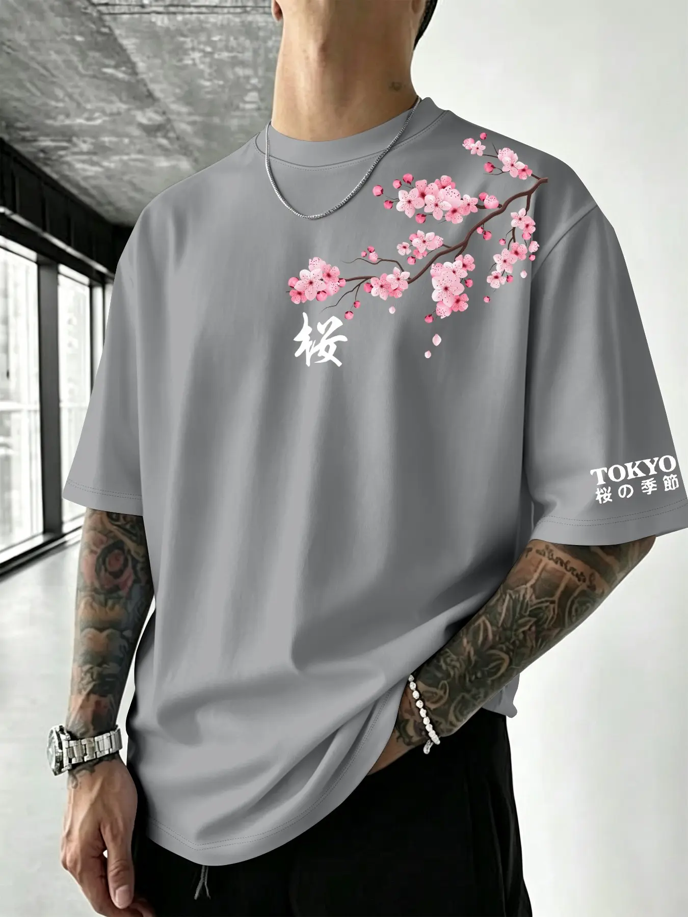 Tokyo Cherry Blossom Men's Casual T-Shirt, Trendy Fashion Print Round Neck Short Sleeve, Breathable Summer Top for Daily Wear and Travel