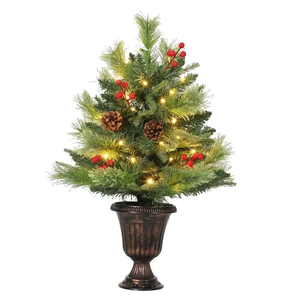Garvee Pre-Lit Artificial Christmas Tree, Tabletop Mini PVC Pine with Warm White LED Lights, Pine Cones & Red Berries, Potted Indoor Holiday Decor for Home/Office