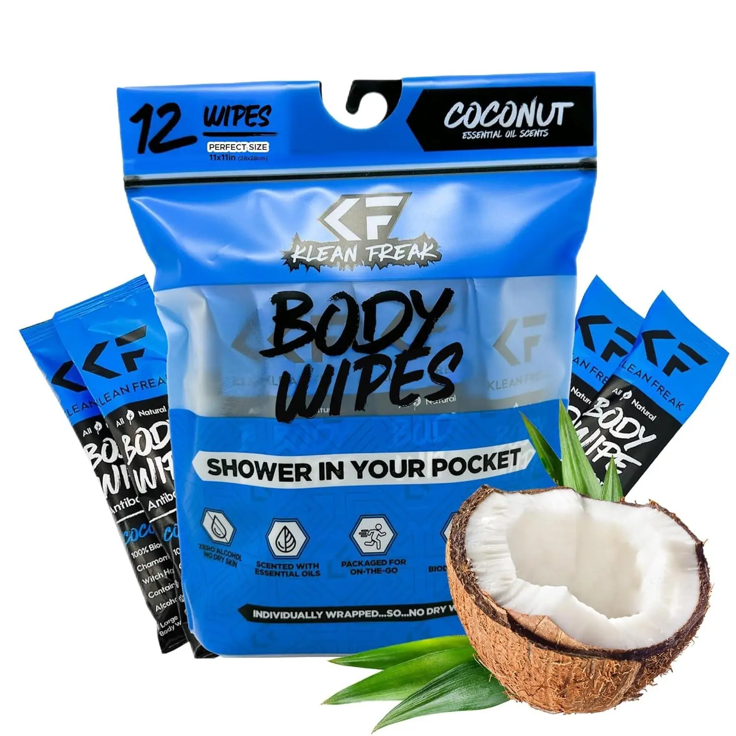 Refreshing Body Wipes for Women & Men - 12 Individually Wrapped, Showerless Cleansing Wipes for Gym, Travel, Camping - Coconut Scent, Sustainable & ConvenientGift