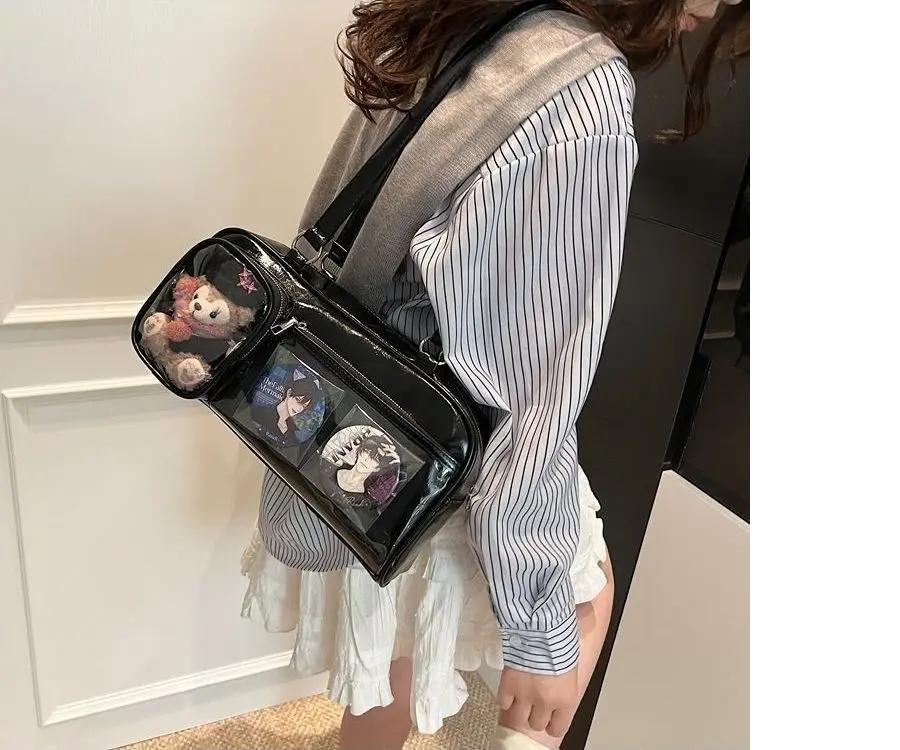New Y2K Cute Ita Bag Large Capacity Fashion Shoulder Bag Lolita Girls Transparent Cosplay Underarm Bag DIY Badge Display Handbag
