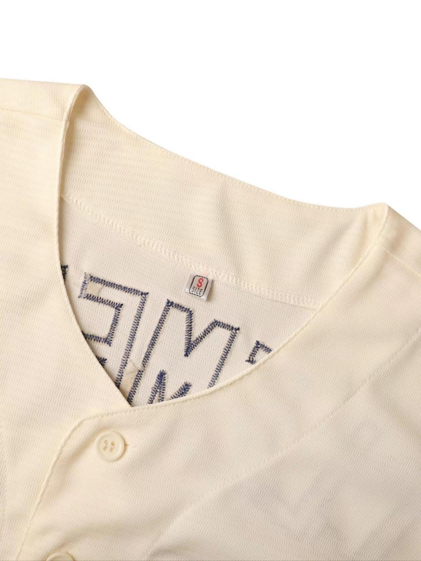 Men's Letter & Number Embroidery Contrast Binding Embroidered Baseball Jersey, Loose Casual Button Front Baseball Top for Training & Competition, Baseball Outfielder Equipment