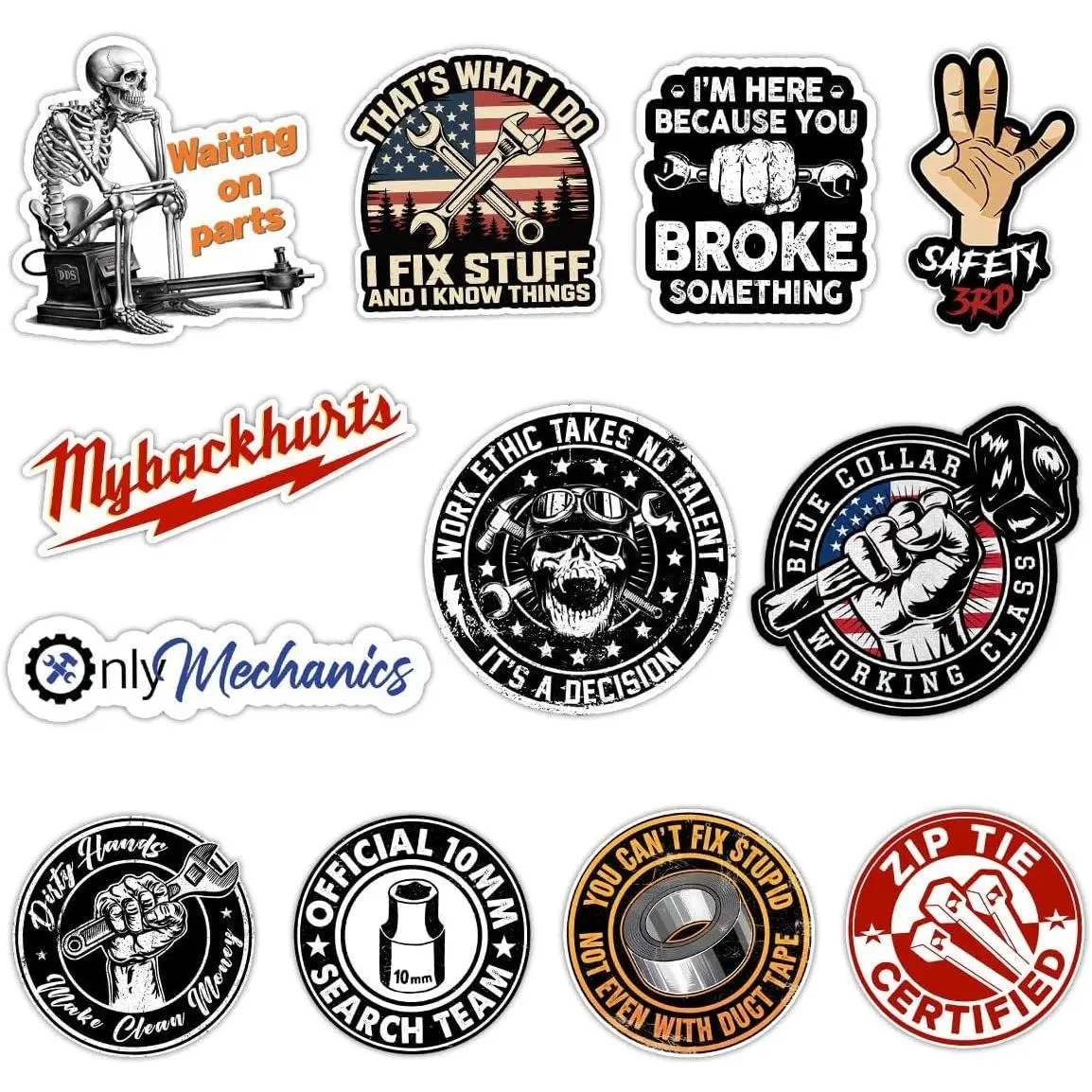 12Pcs 3 Inch Funny Mechanic Stickers for Hard Hat, Welding Helmet, Toolbox, Car Window Bottle Decal - Electrician Welder Construction Worker Diesel Mechanics Gift for Blue Collar MenGift