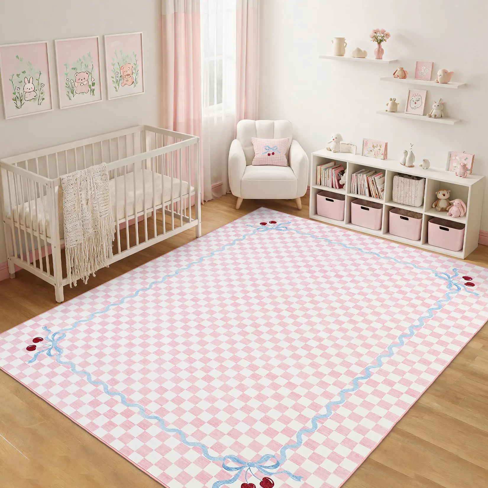 Washable Blush Pink Checkered Faux Wool Area Rug Runner - Low Pile, Non Slip, Cherry Coquette Aesthetic Decor, Multi-Size Single-Piece Carpet for Bedroom/Nursery, Entryway/Living, One-Piece