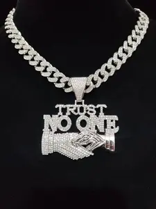 2026 Rhinestone Decorated Chain Necklace with Letter Handshake Shaped Pendant Design, Cuban Link Jewelry, Punk Casual Trendy Chain Pendant Necklace for Party & Daily Decoration Without Box, Sparkling Rhinestones Chains