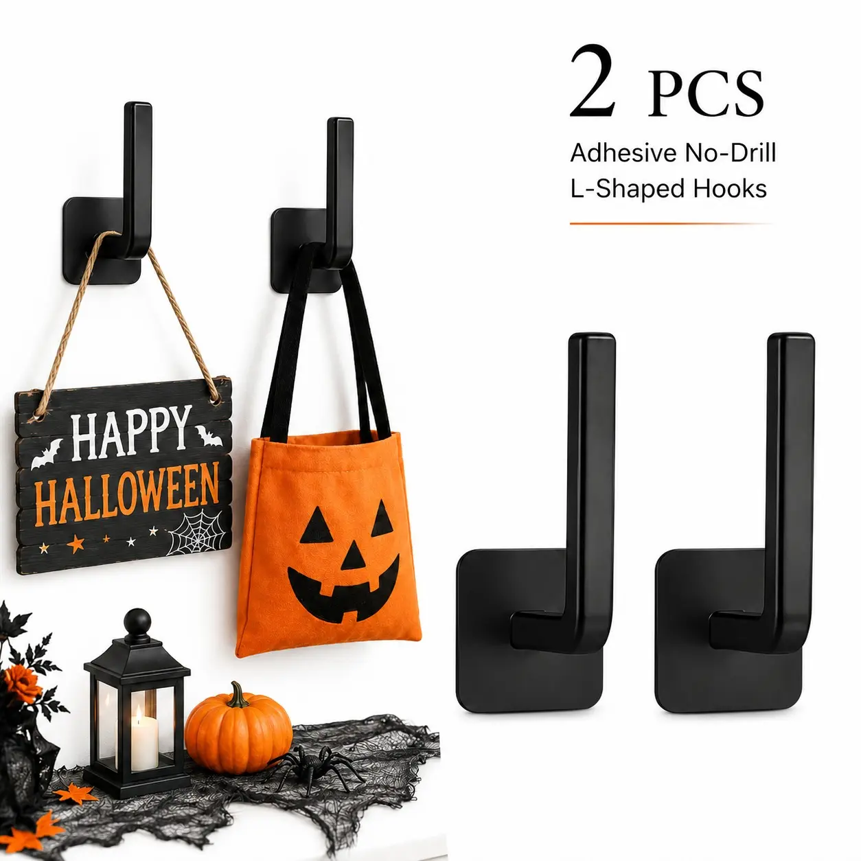 2Pcs Adhesive No-Drill L-Shaped Hooks, Black Wall-Mounted Multipurpose Hangers for Hats, Towels, Keys, Kitchen Utensils, Bathroom and Home Storage