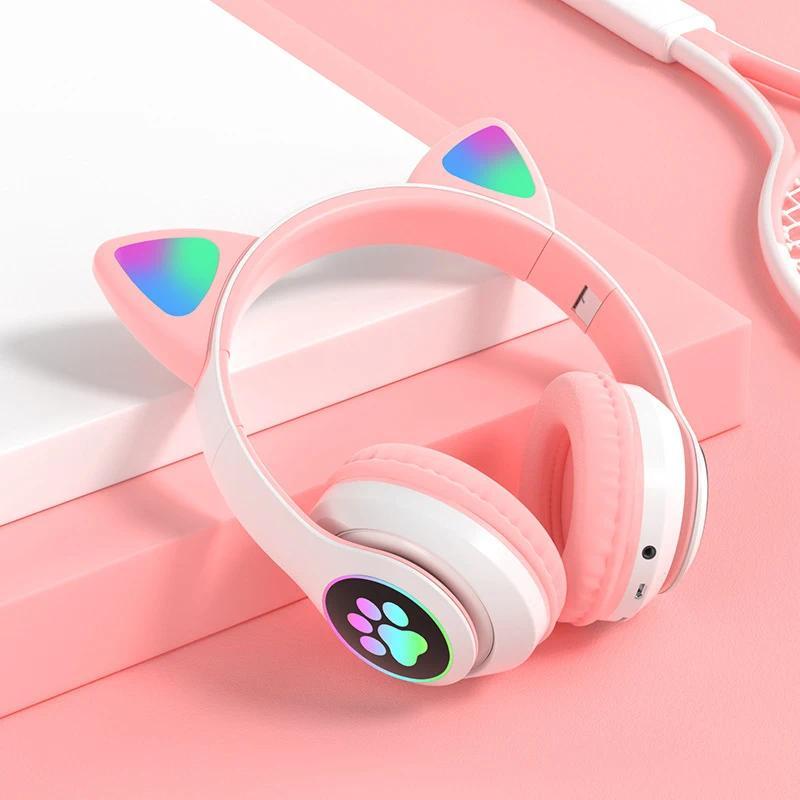 Flash Lamp Cute Cat Ears Headphone Bluetooth5.0 Stereo With Mic Support TF Card Wireless Kids Girl Earphone Birthday Gift monitor design bluetooth-compatible hed phones foldable headset over-ear