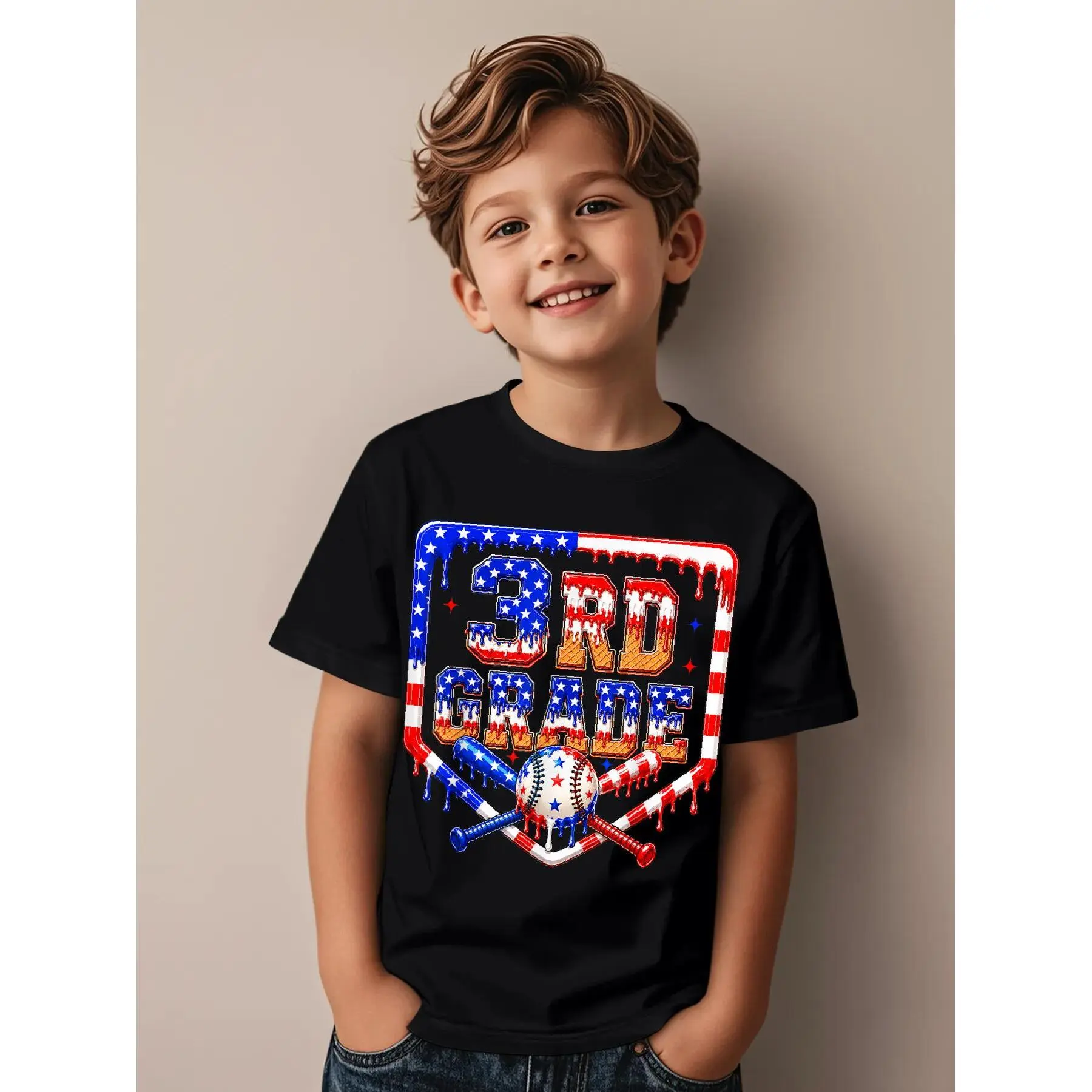 3rd Grade Baseball drip Boys Kids USA Flag Back to School Novelty Aesthetic Graphic Kid T-Shirt Fashion Kid T Shirts Trending Tees Tops for Kid